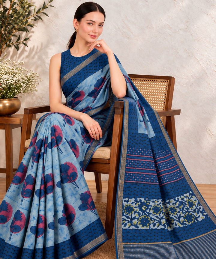Sky blue navy blue hand printed bagru print silk saree