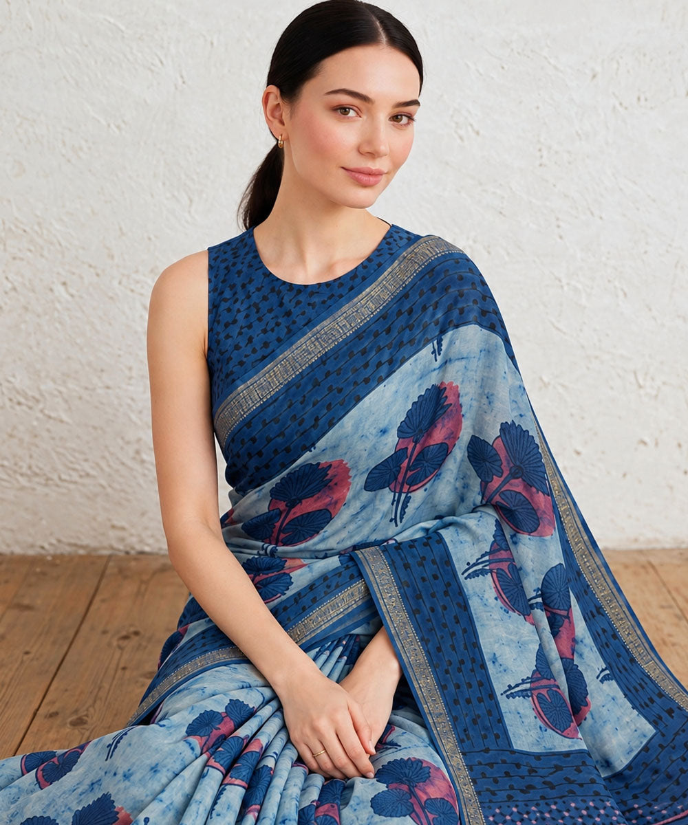 Sky blue navy blue hand printed bagru print silk saree