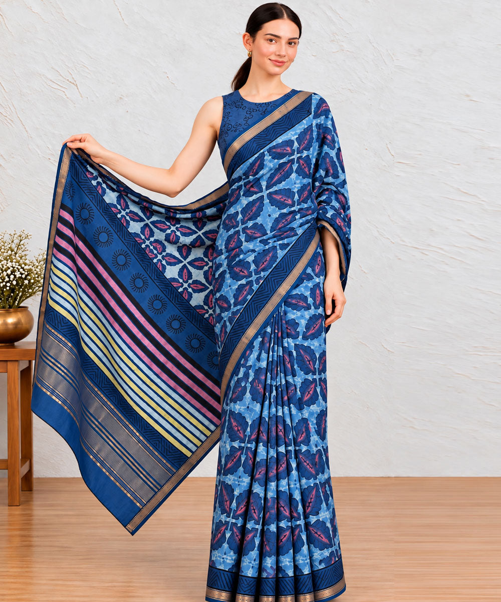 Sky blue navy blue hand printed bagru print silk saree