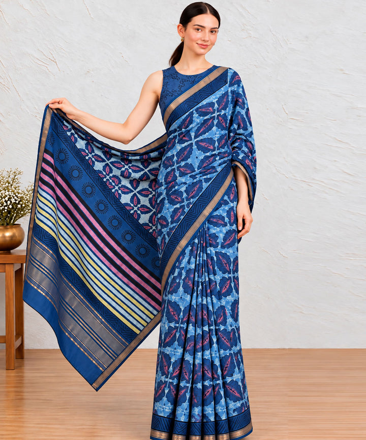Sky blue navy blue hand printed bagru print silk saree
