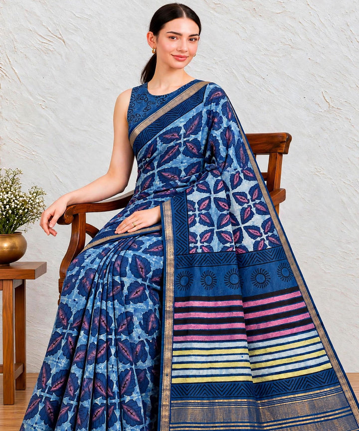 Sky blue navy blue hand printed bagru print silk saree