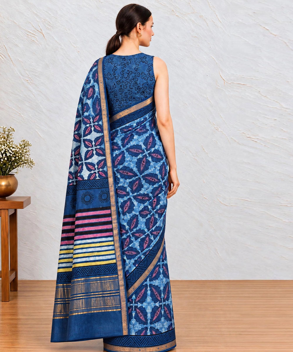 Sky blue navy blue hand printed bagru print silk saree