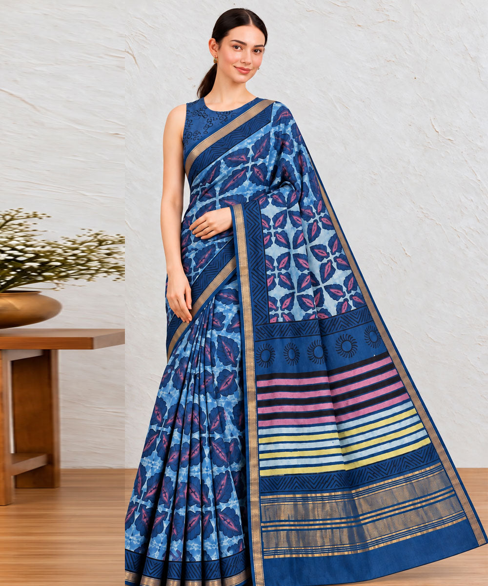 Sky blue navy blue hand printed bagru print silk saree