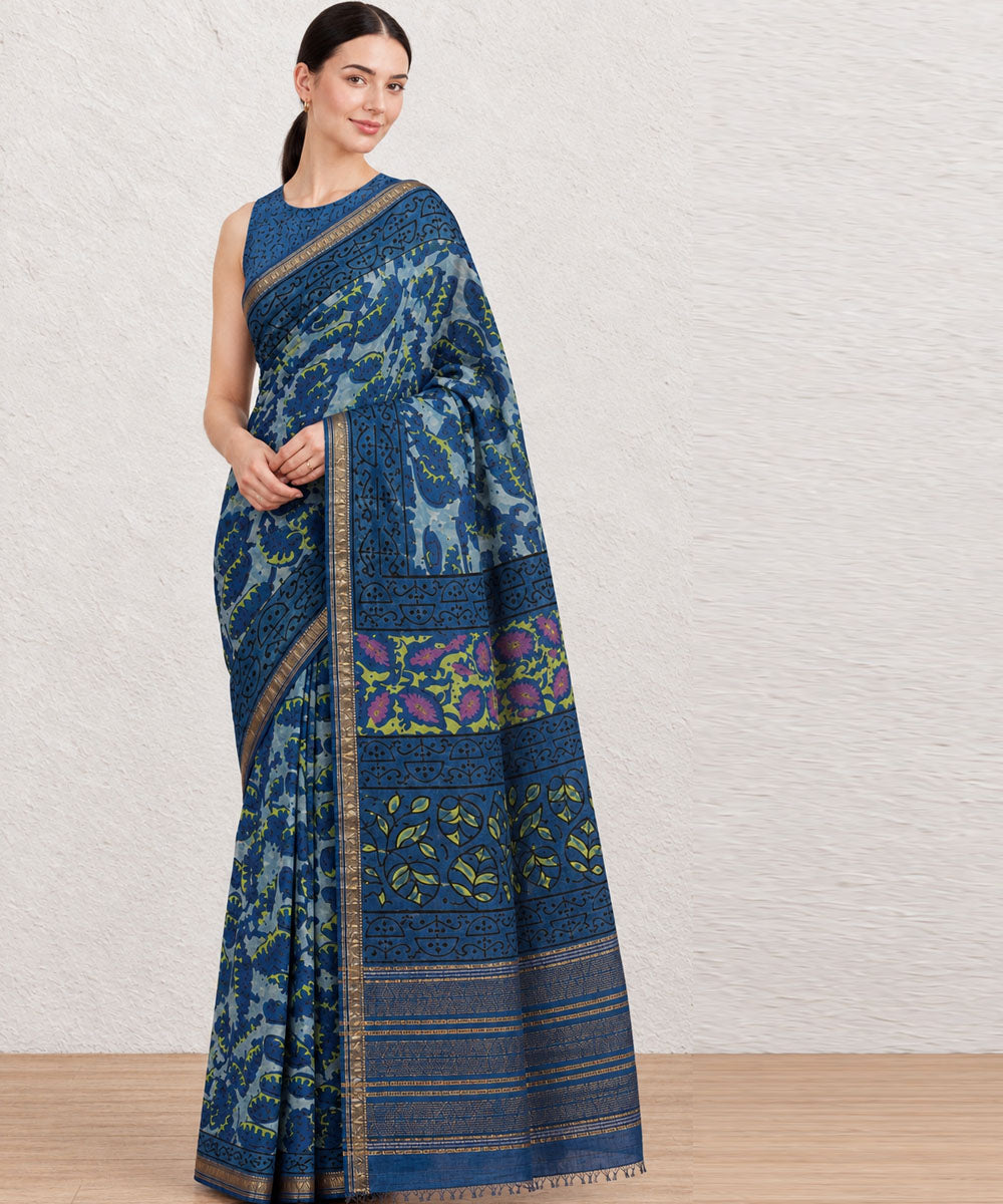 Navy blue  blue hand printed bagru print silk saree