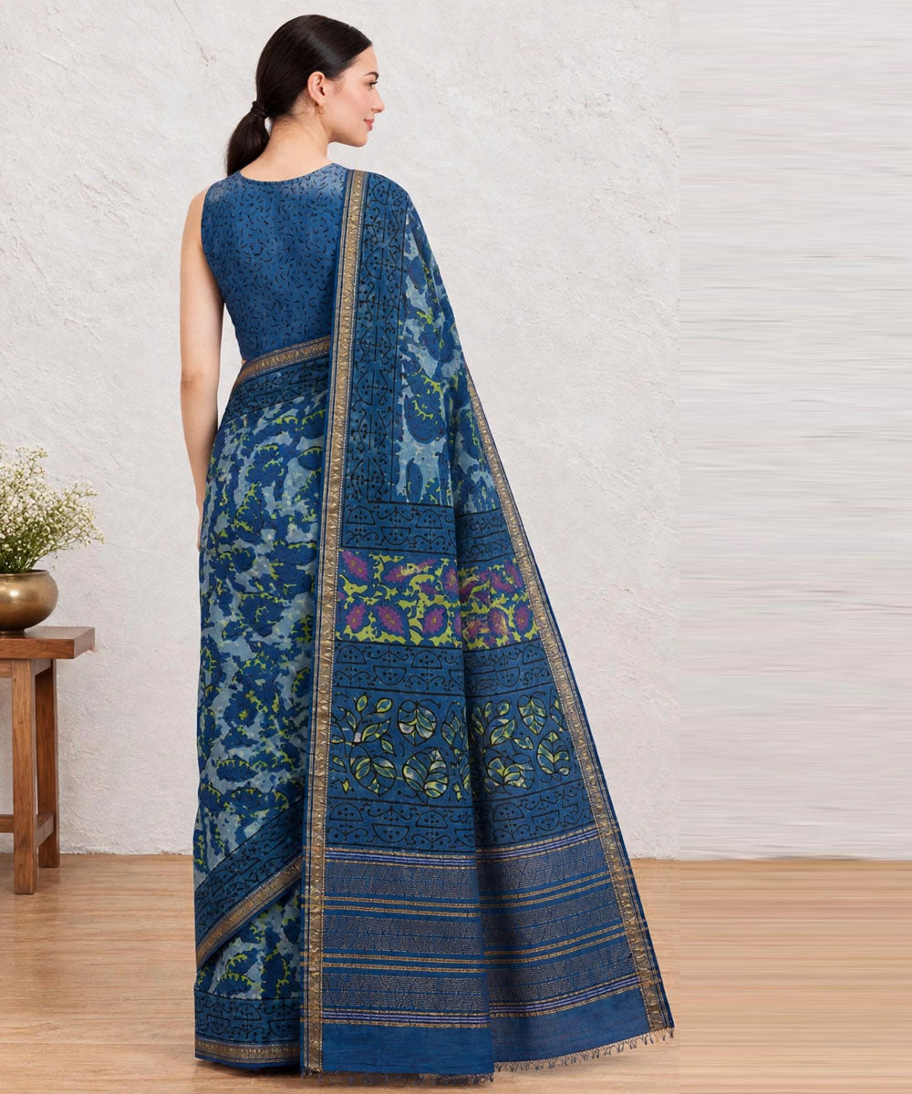 Navy blue  blue hand printed bagru print silk saree