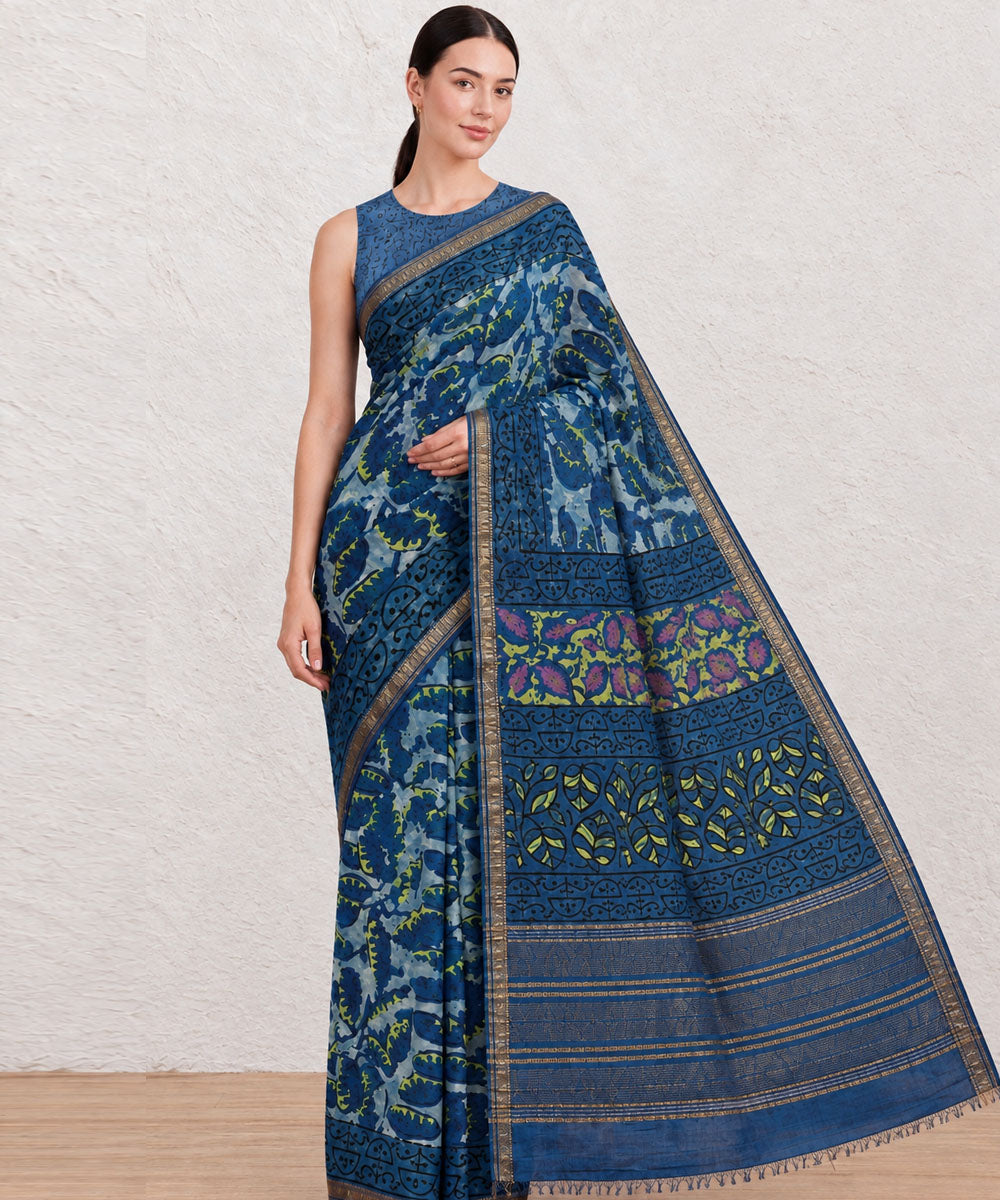 Navy blue  blue hand printed bagru print silk saree