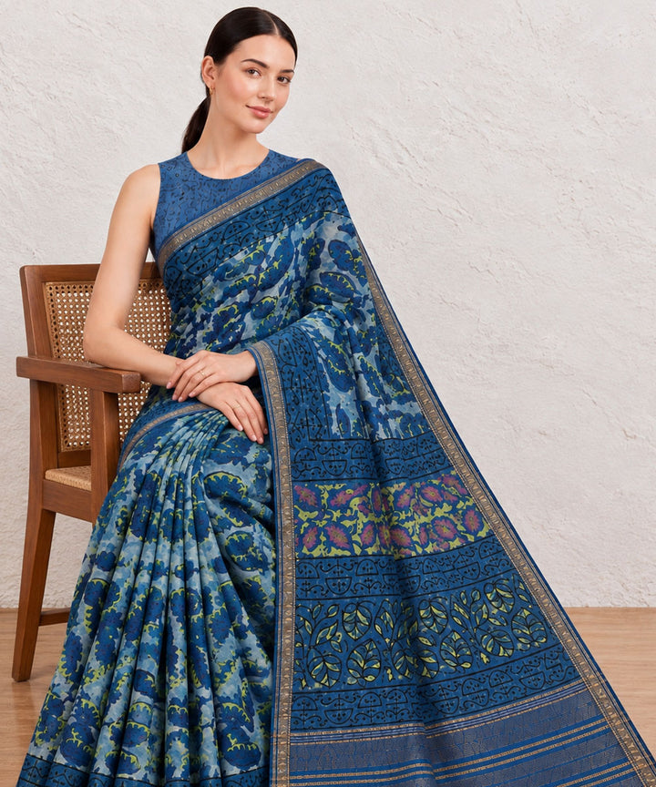 Navy blue  blue hand printed bagru print silk saree