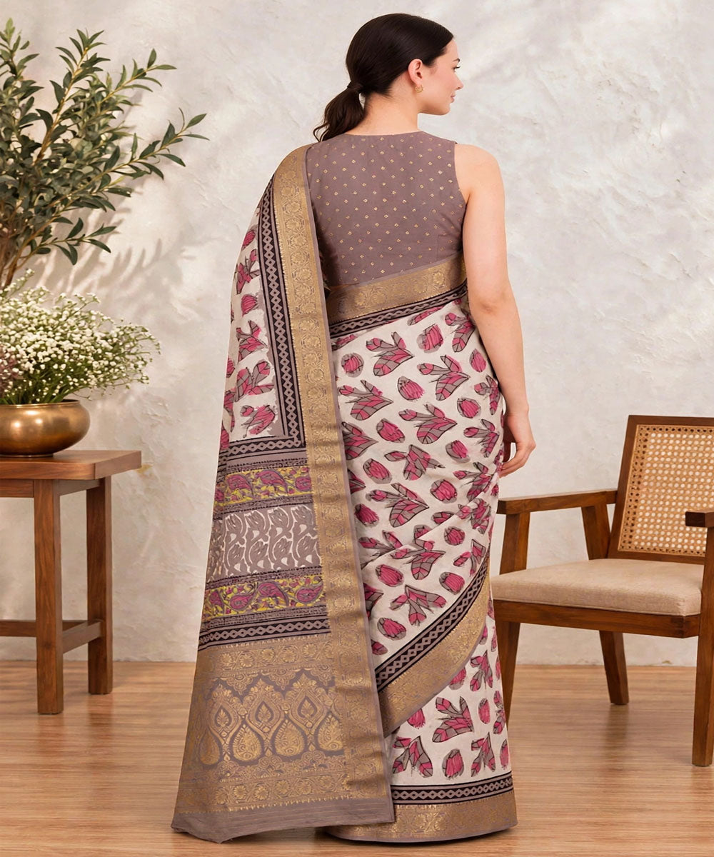 White red hand printed bagru print silk saree