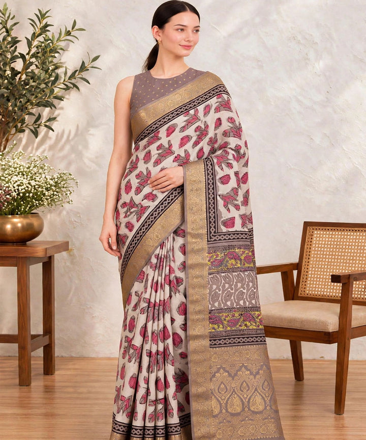 White red hand printed bagru print silk saree