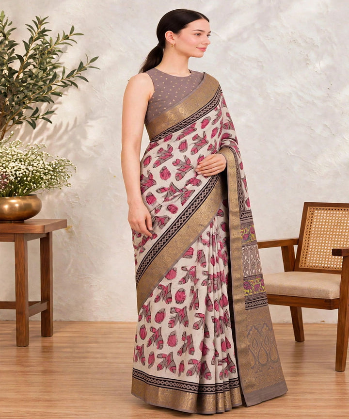 White red hand printed bagru print silk saree