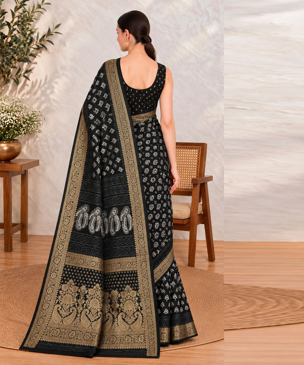 Black white hand printed bagru print silk saree