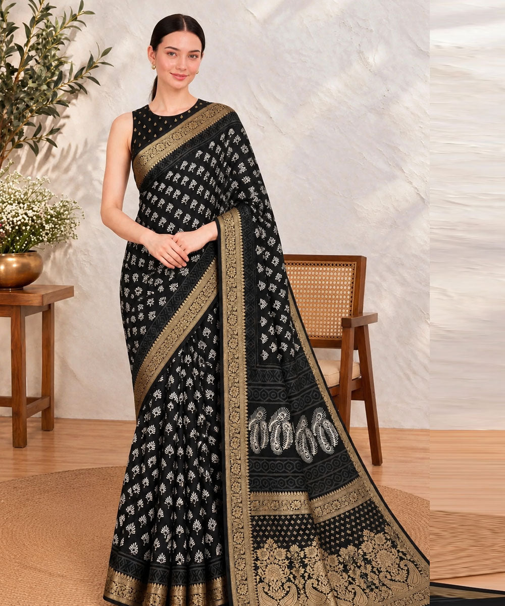 Black white hand printed bagru print silk saree
