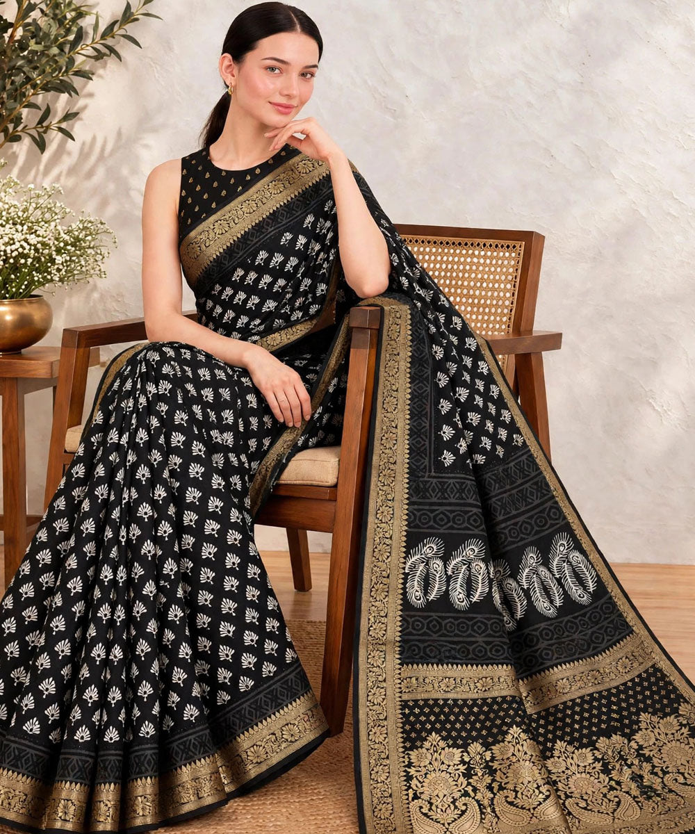 Black white hand printed bagru print silk saree