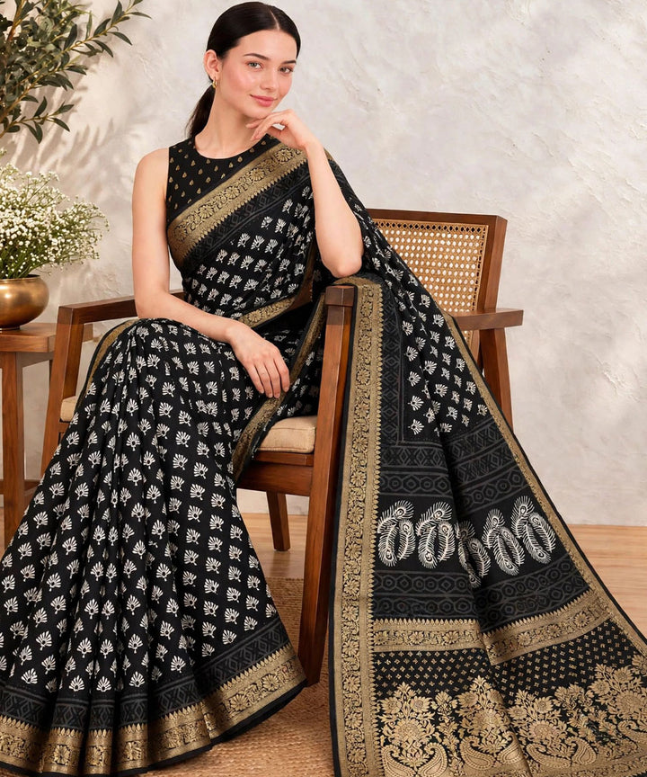 Black white hand printed bagru print silk saree