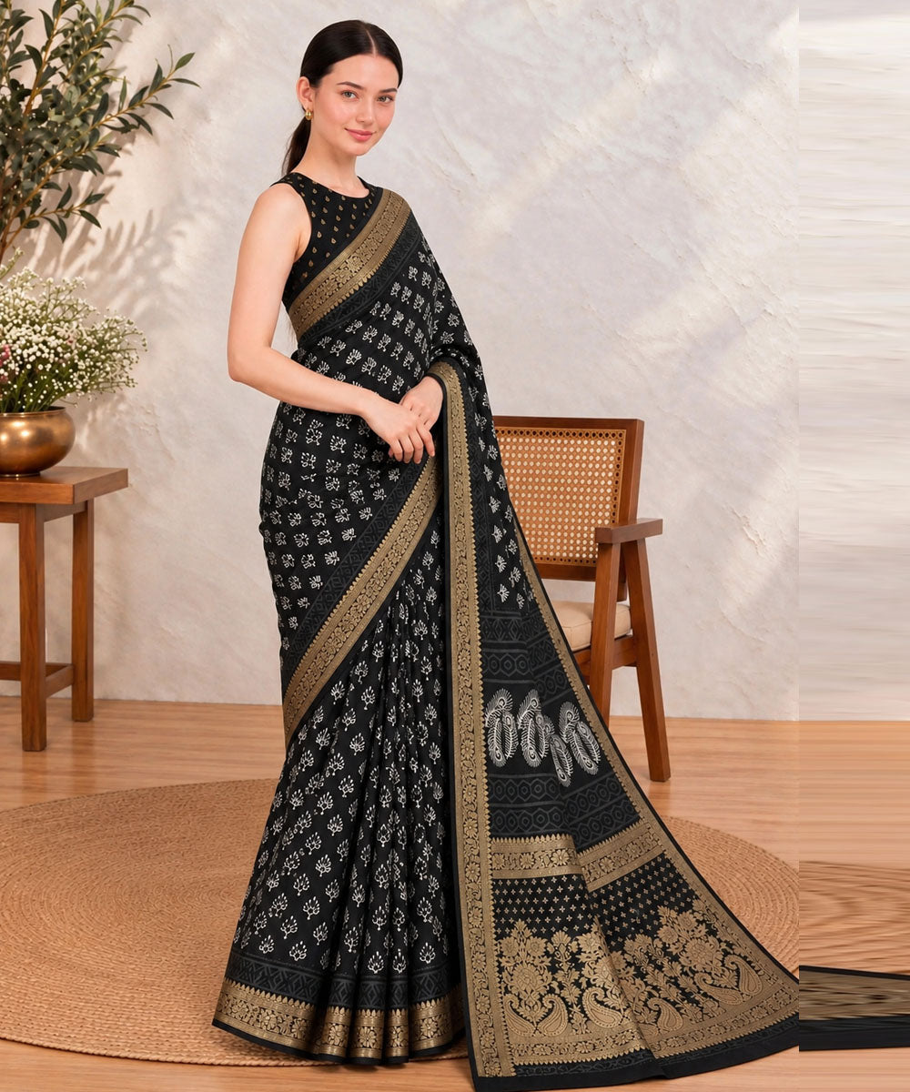 Black white hand printed bagru print silk saree