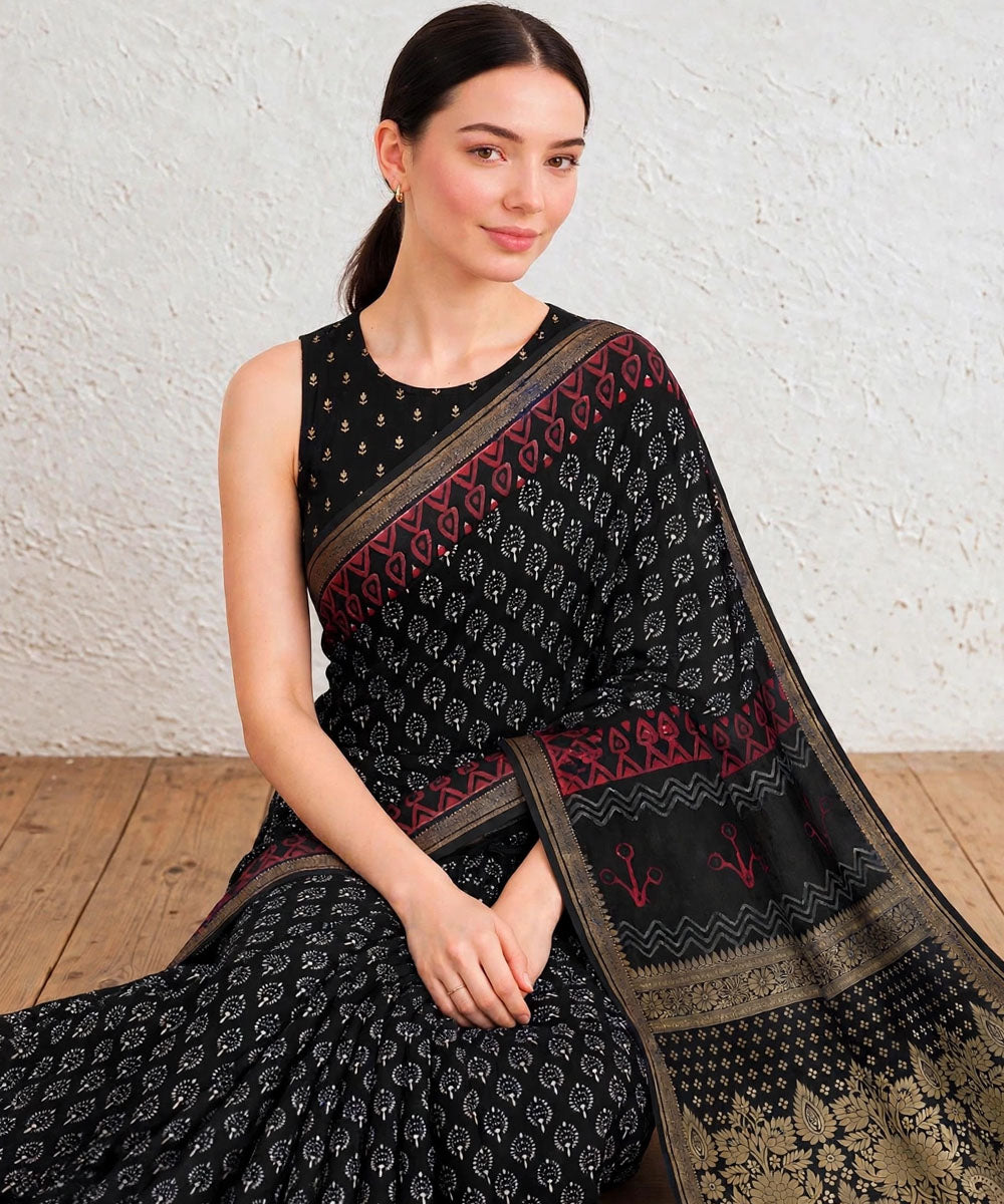 Black golden hand printed bagru print silk saree