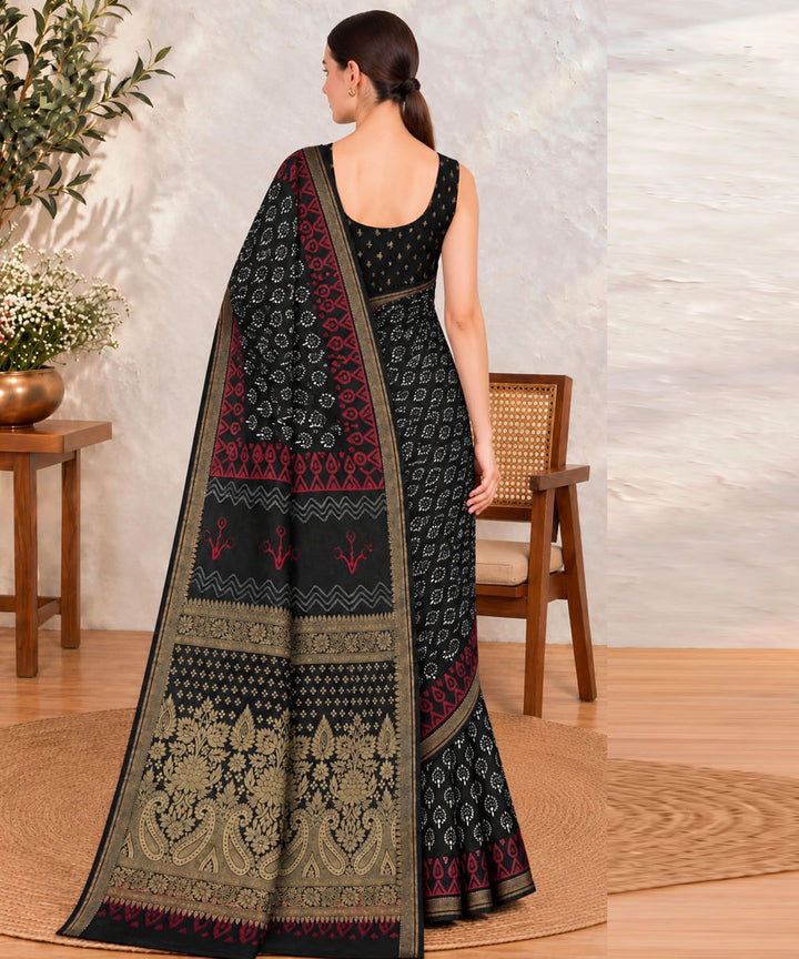 Black golden hand printed bagru print silk saree