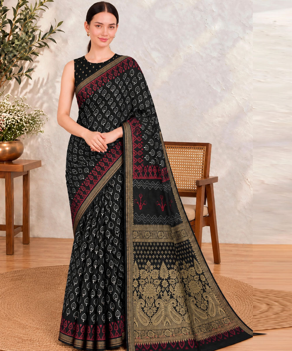 Black golden hand printed bagru print silk saree