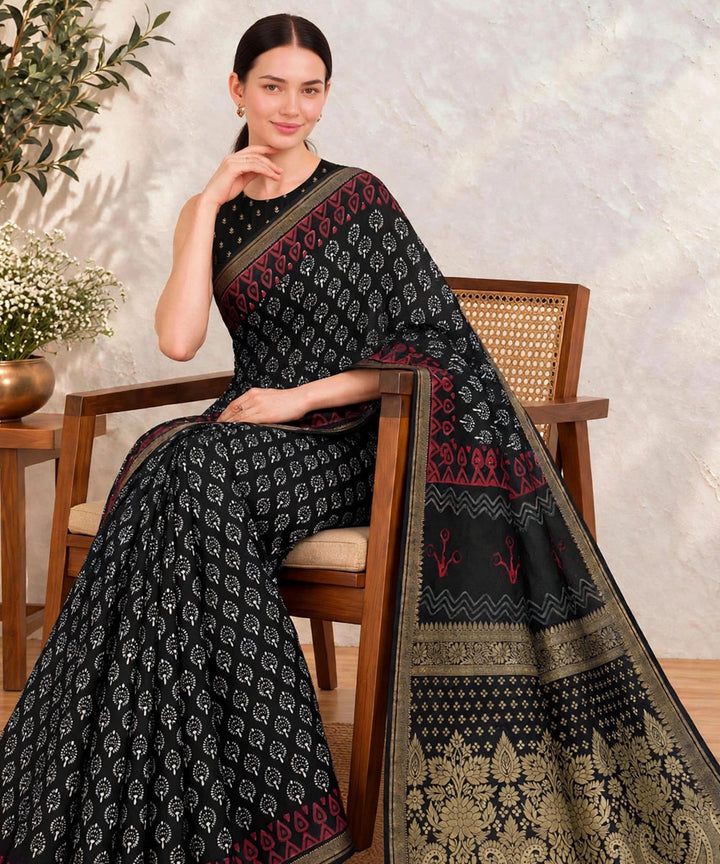 Black golden hand printed bagru print silk saree