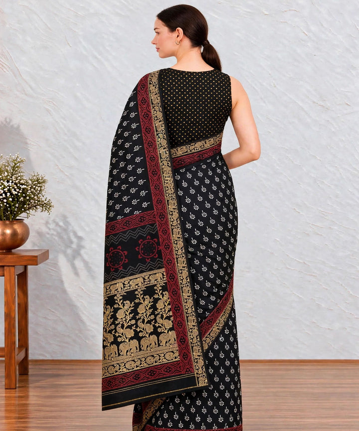 Black red hand printed bagru print silk saree