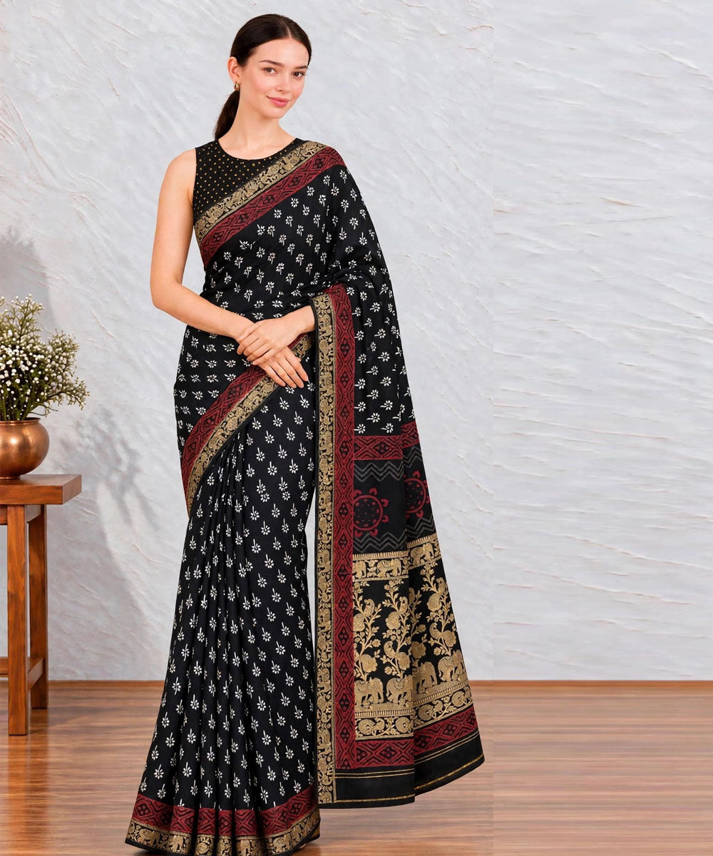Black red hand printed bagru print silk saree