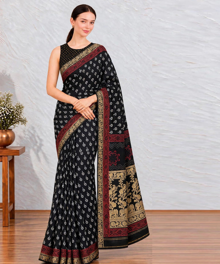 Black red hand printed bagru print silk saree
