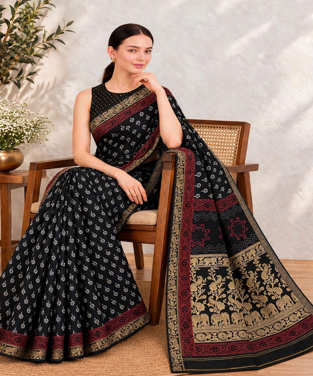 Black red hand printed bagru print silk saree