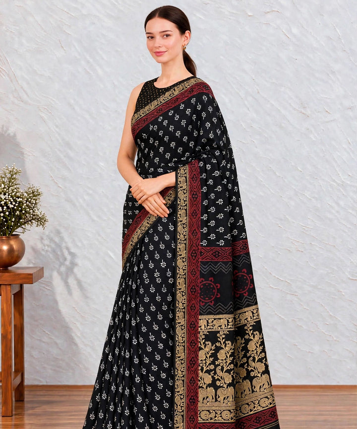 Black red hand printed bagru print silk saree