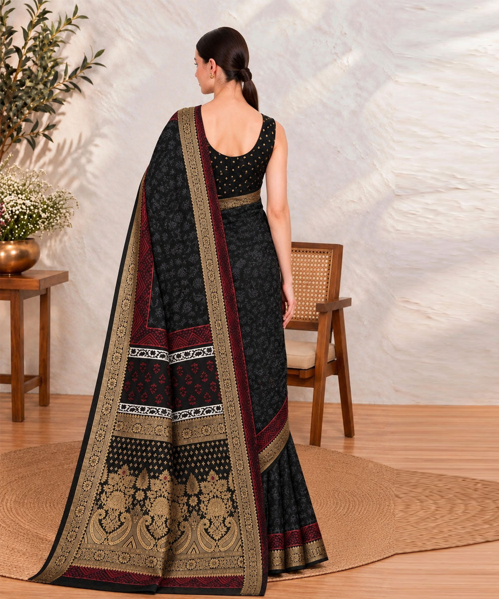 Black red hand printed bagru print silk saree