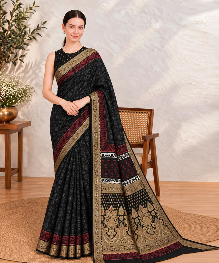 Black red hand printed bagru print silk saree