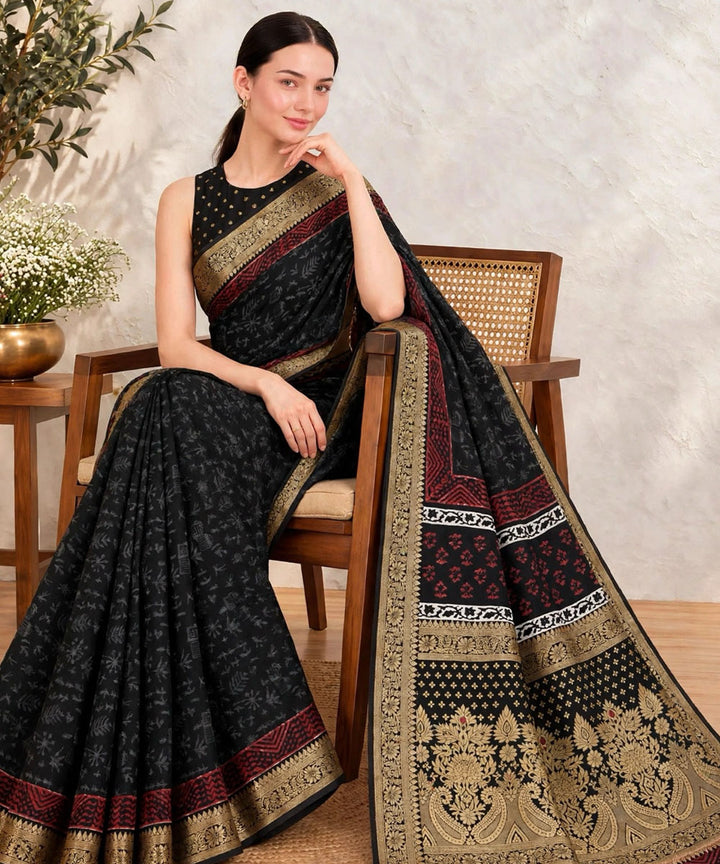 Black red hand printed bagru print silk saree