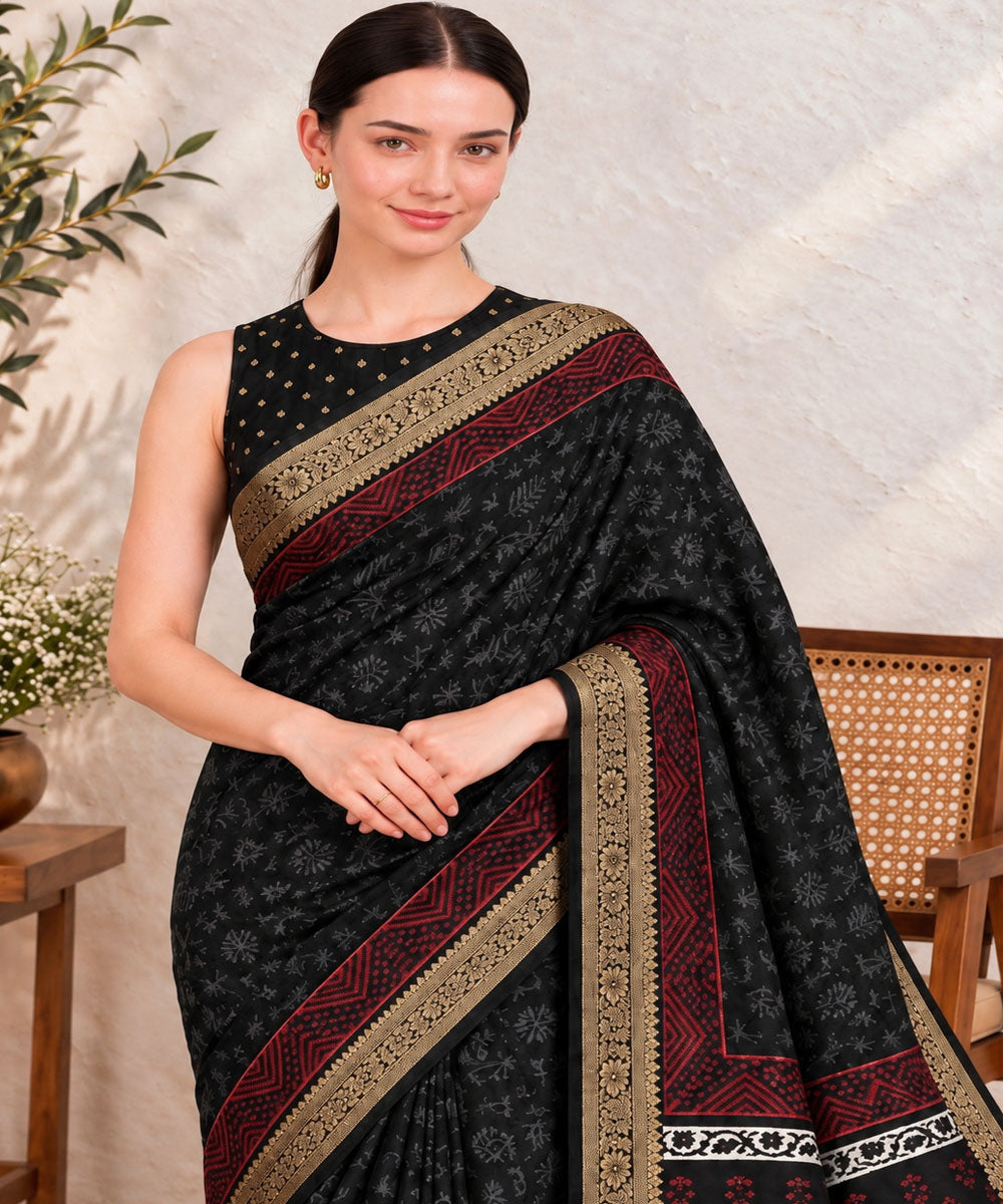 Black red hand printed bagru print silk saree