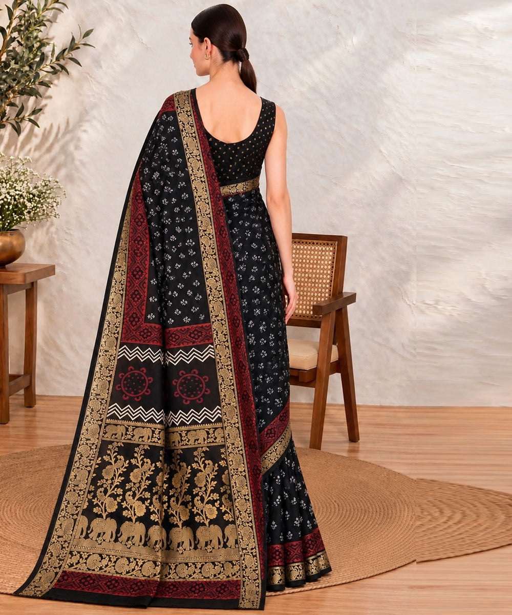 Black red hand printed bagru print silk saree