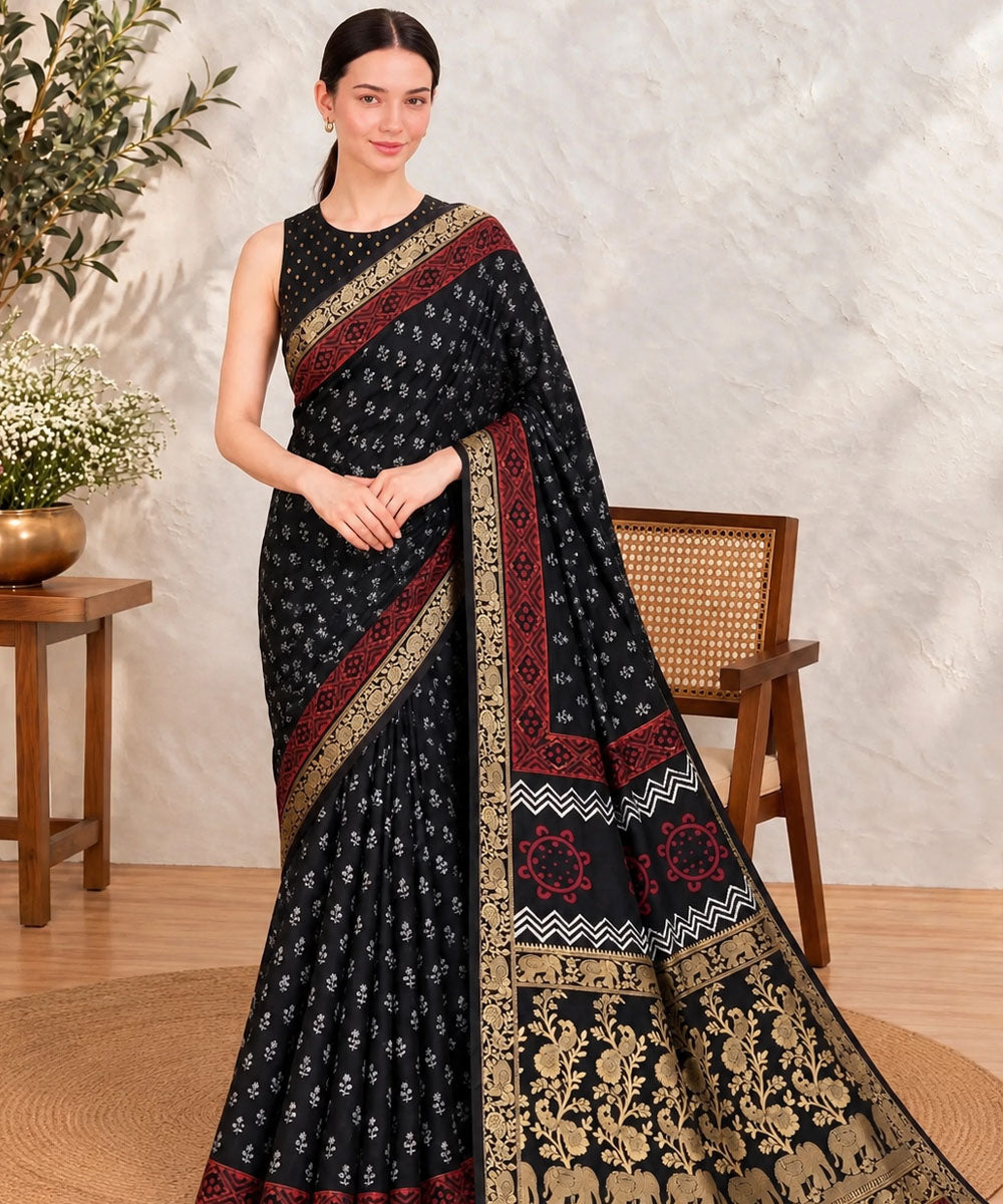 Black red hand printed bagru print silk saree