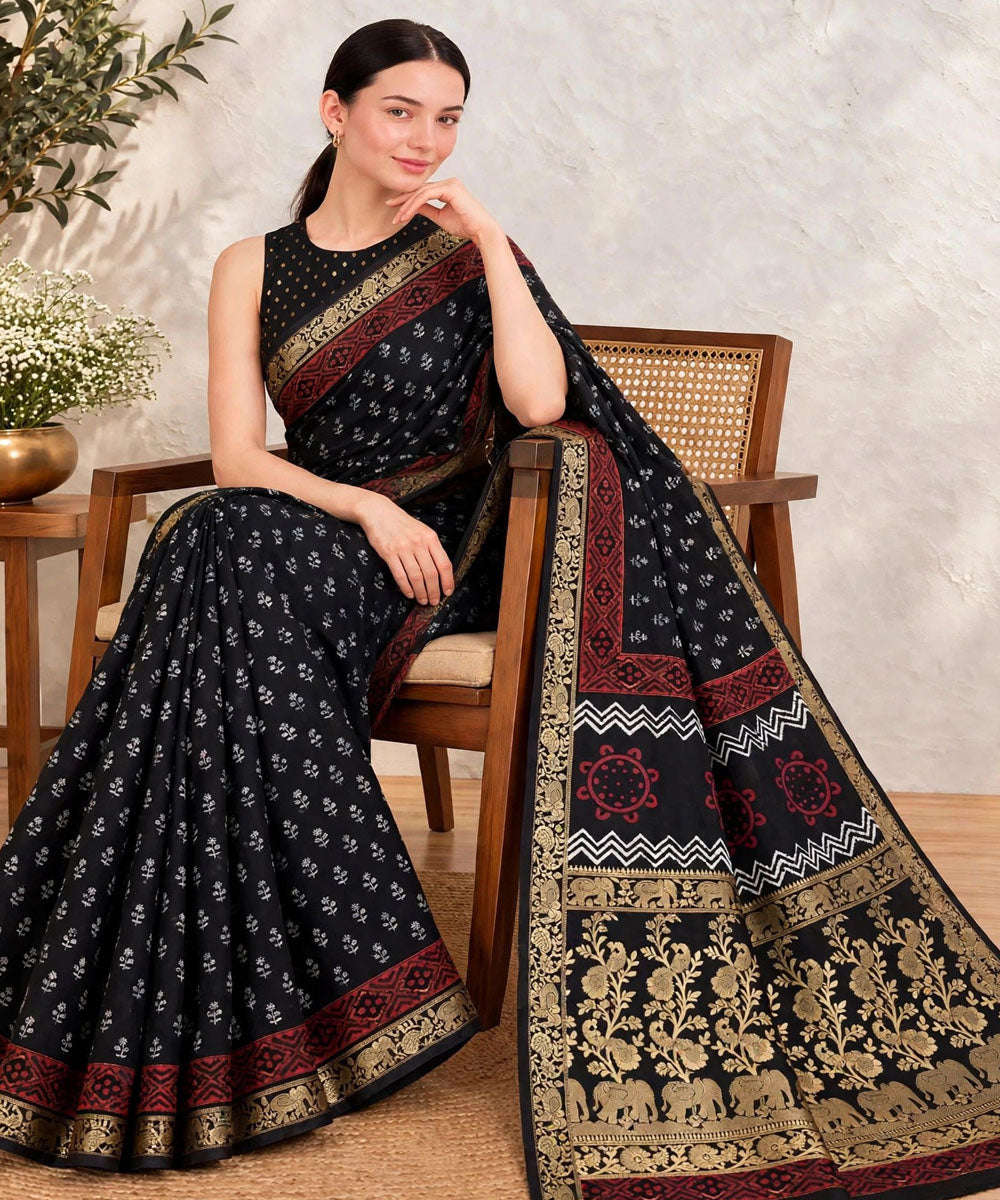 Black red hand printed bagru print silk saree