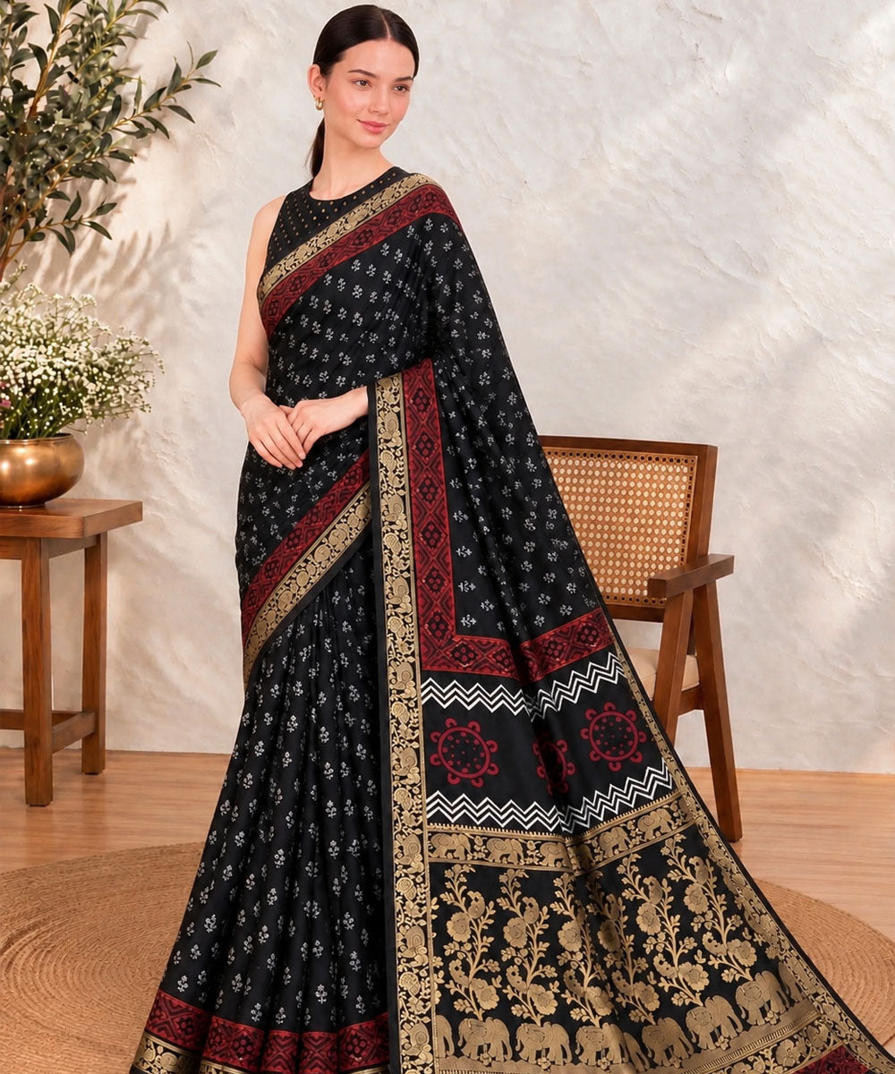 Black red hand printed bagru print silk saree