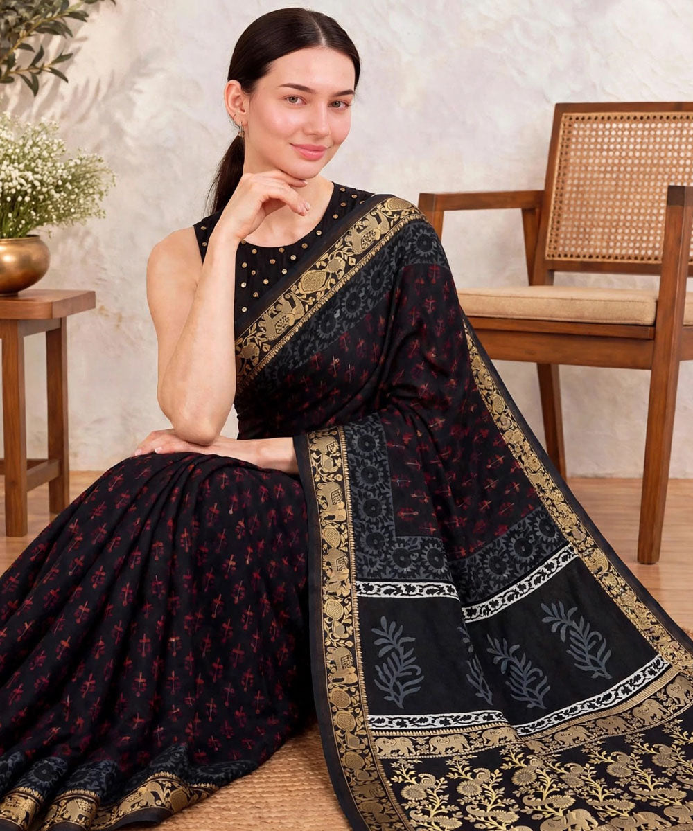 Black golden hand printed bagru print silk saree