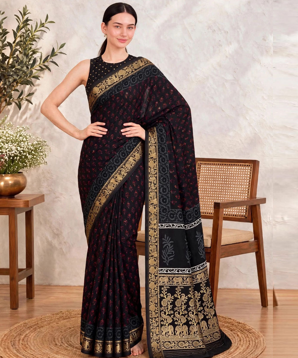 Black golden hand printed bagru print silk saree