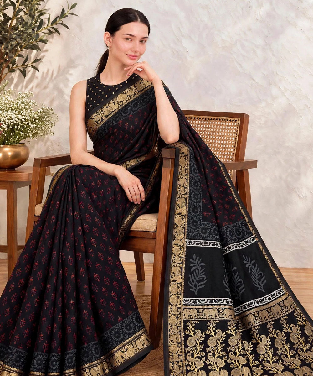 Black golden hand printed bagru print silk saree