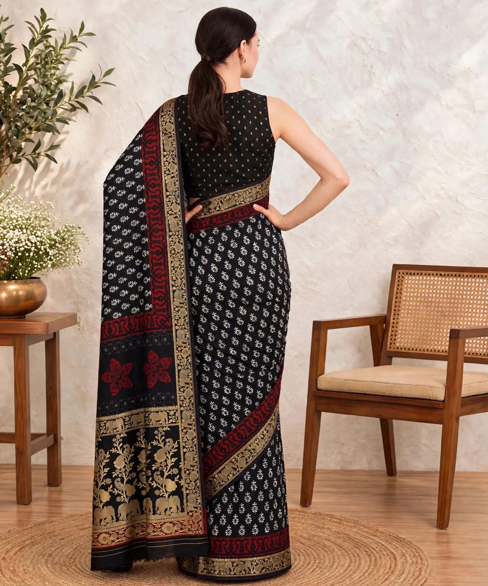 Black white hand printed bagru print silk saree