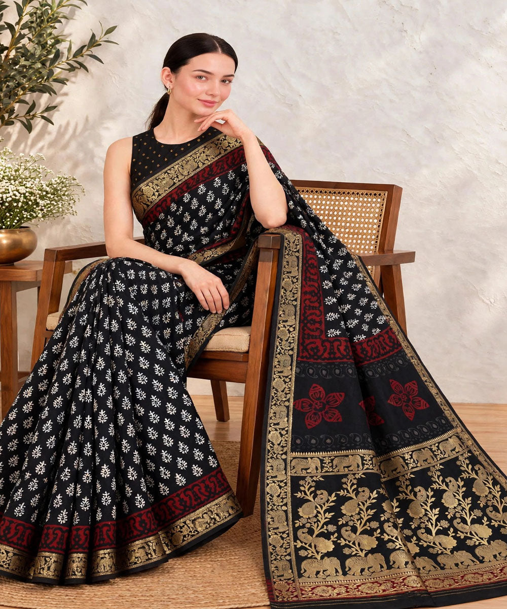 Black white hand printed bagru print silk saree