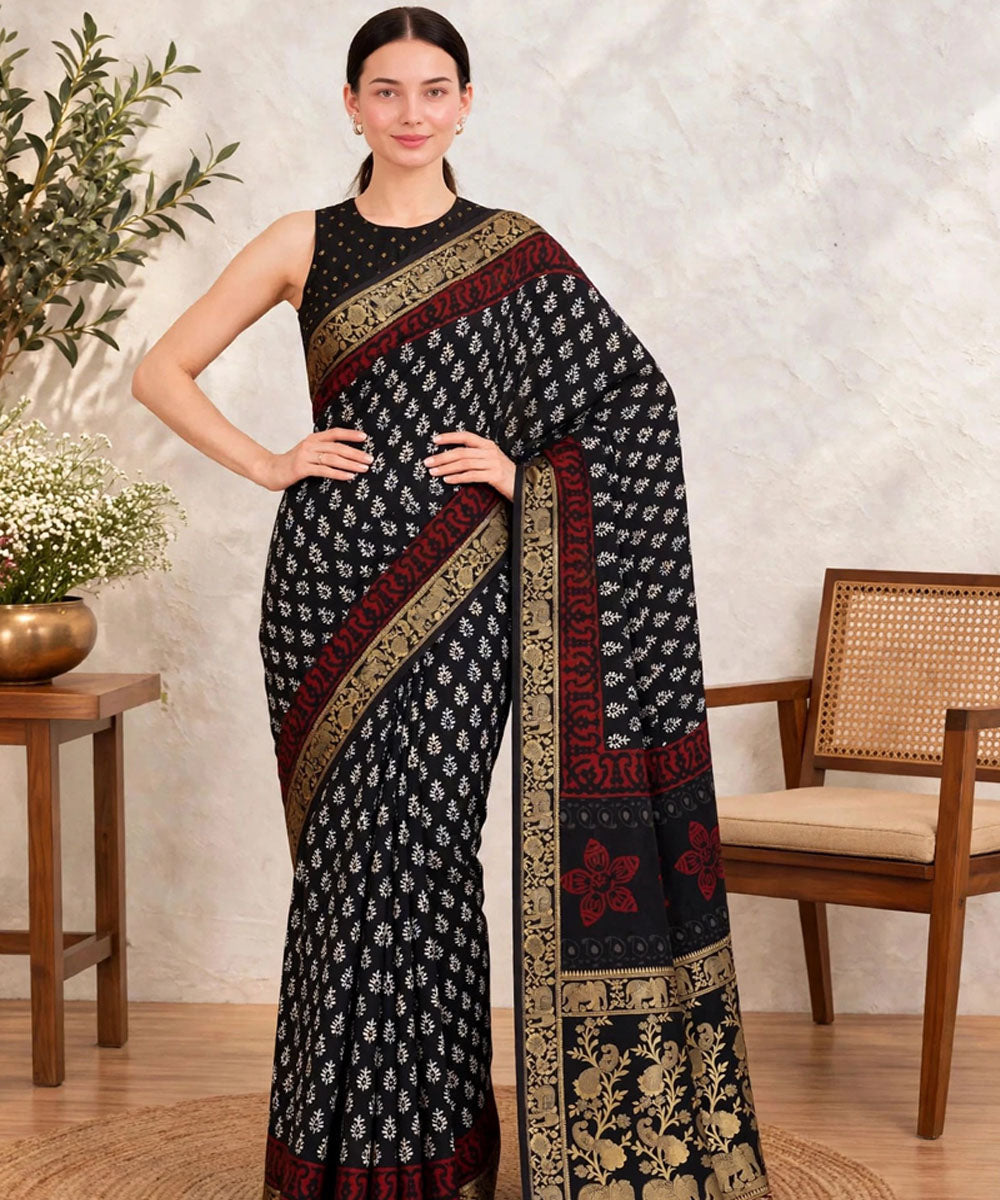 Black white hand printed bagru print silk saree