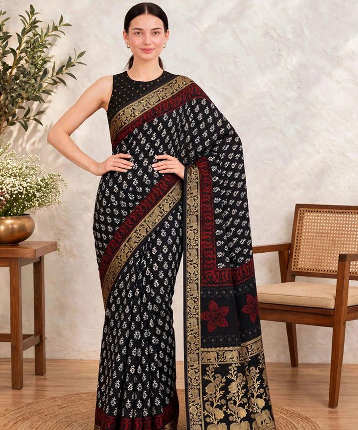 Black white hand printed bagru print silk saree