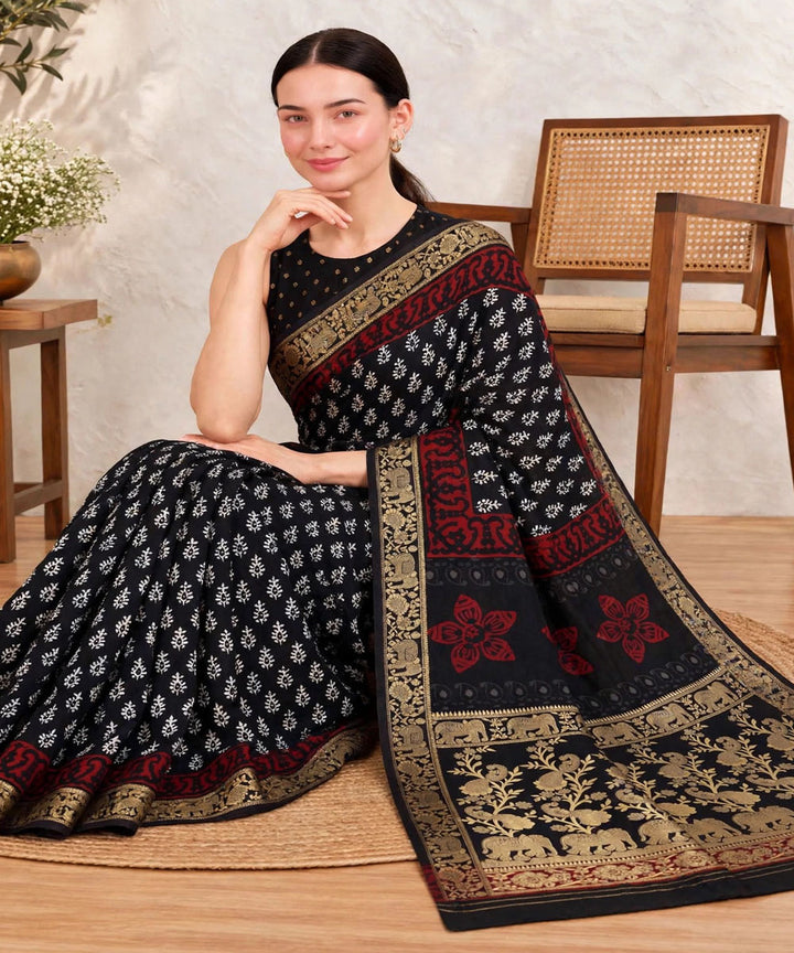Black white hand printed bagru print silk saree