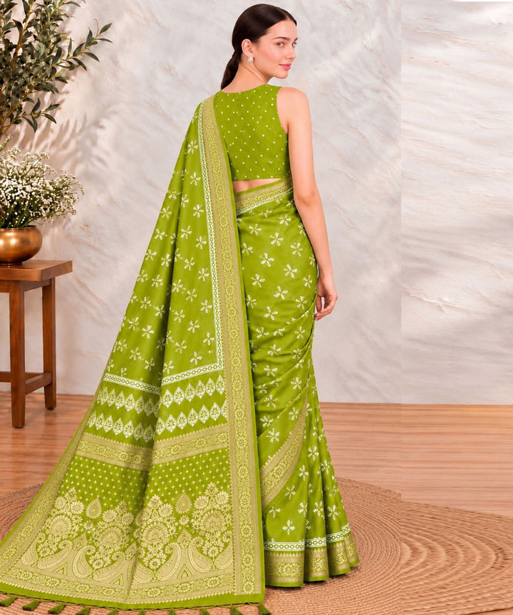 lime green white hand printed sanganeri print silk saree
