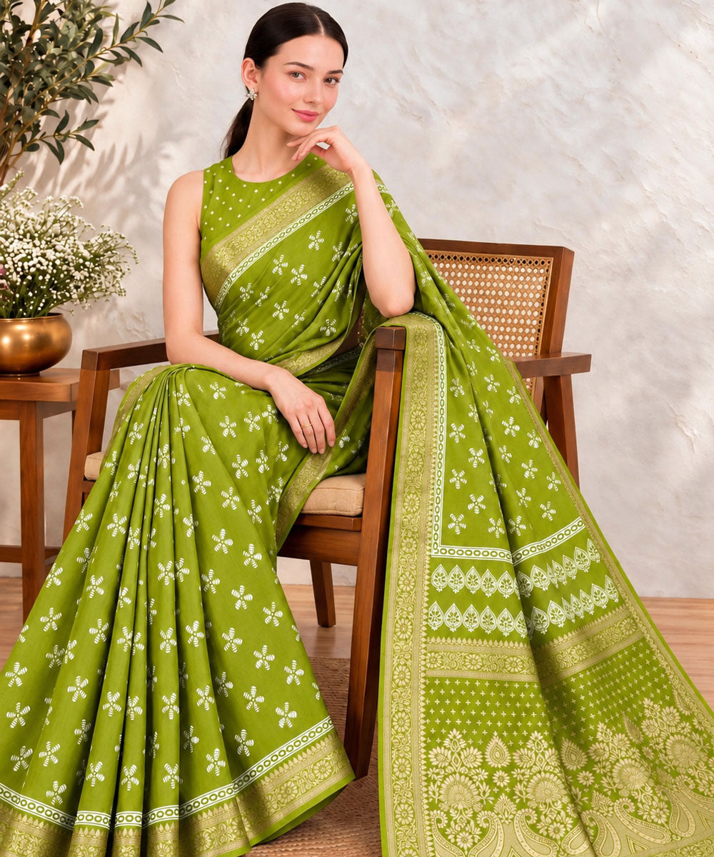 lime green white hand printed sanganeri print silk saree