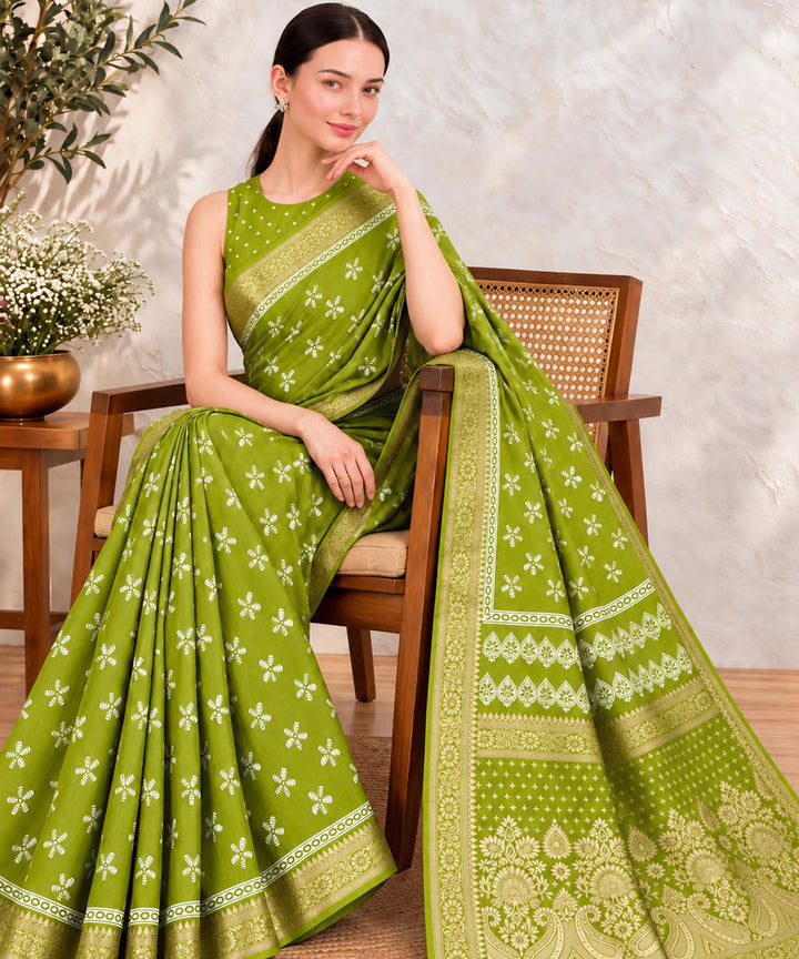 lime green white hand printed sanganeri print silk saree