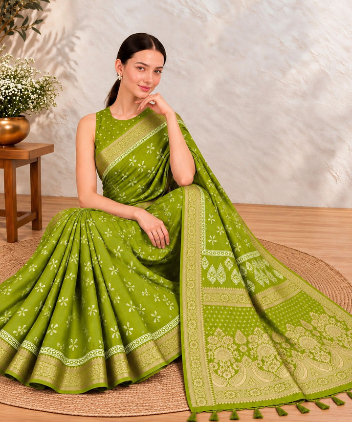 lime green white hand printed sanganeri print silk saree