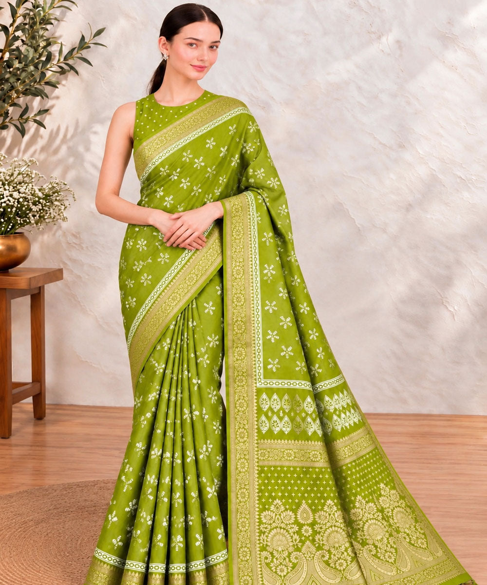 lime green white hand printed sanganeri print silk saree