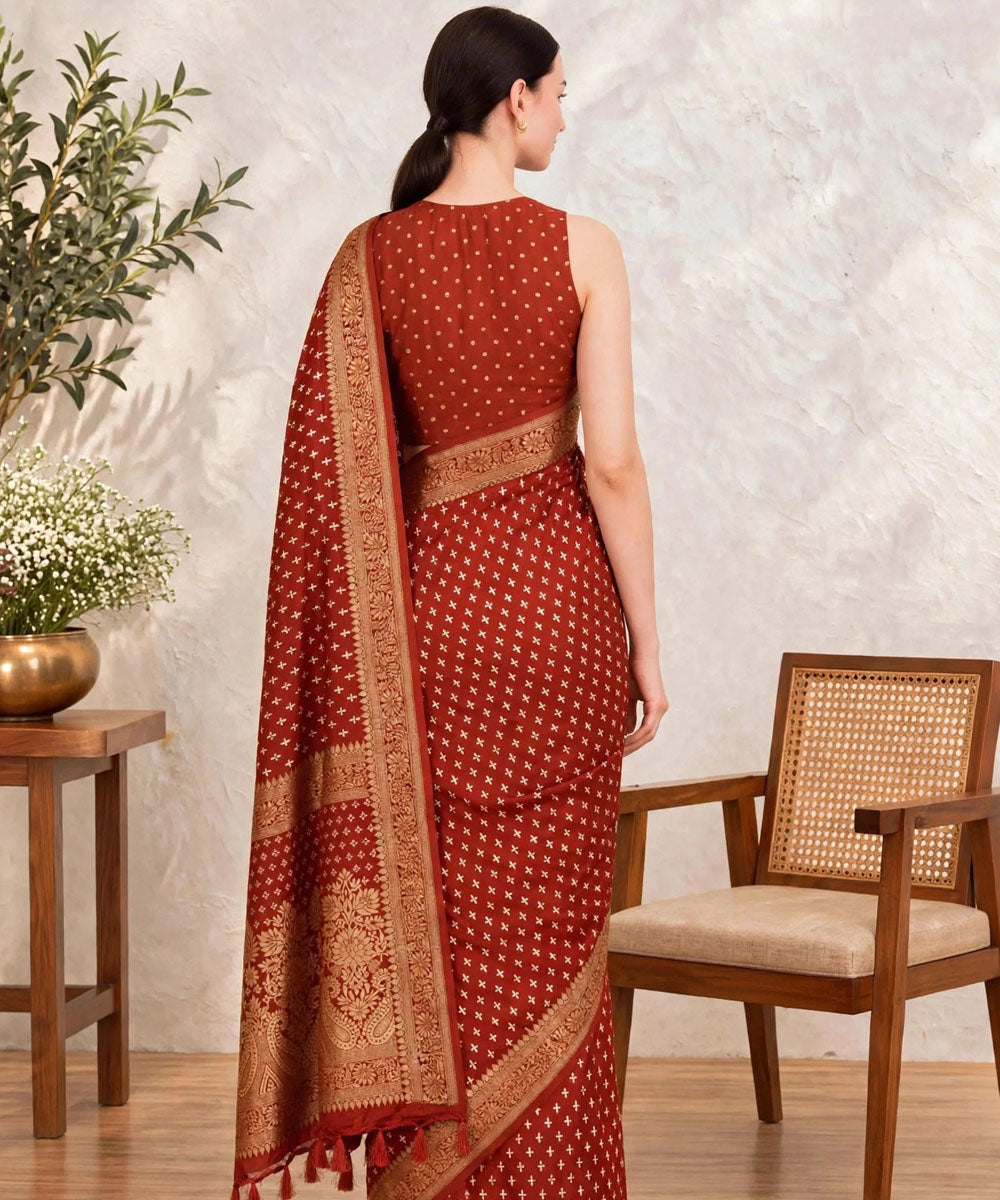 Orange golden hand printed bagru print silk saree